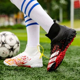 New high top football shoes men's and women's TF broken nails middle school students AG long nails sports training game football shoes (Color: White + Black (broken nail), size: 35)