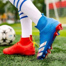 New high top football shoes men's and women's TF broken nails middle school students AG long nails sports training game football shoes (Color: Red + Blue (spike), size: 43)