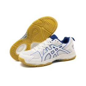 Men's and women's new fashion fashion comfortable badminton shoes anti-slip wear men's sports shoes table tennis shoes (Color: White and blue, size: 38)
